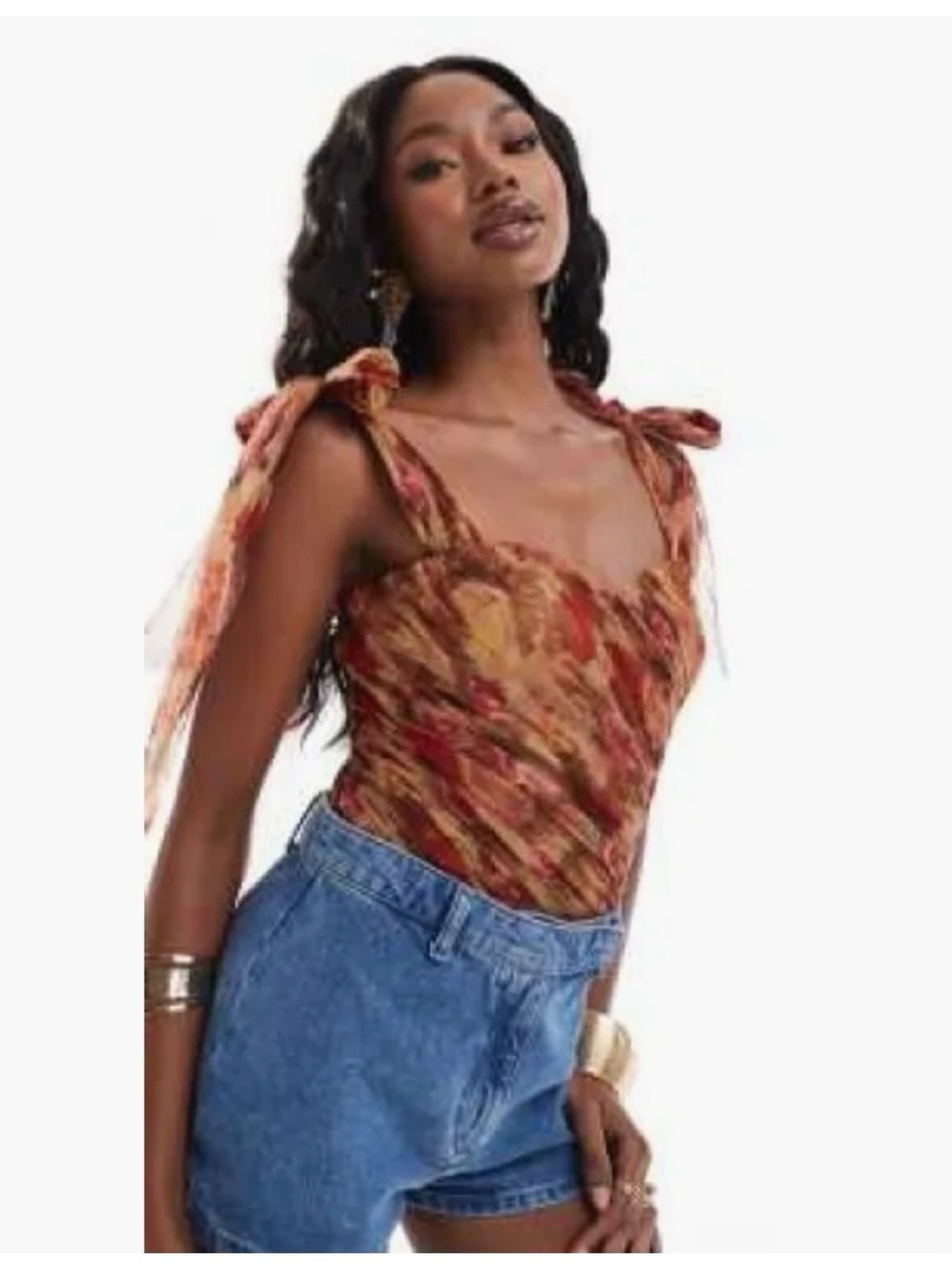NWT Lace & Beads bow shoulder bodysuit in rose print-Multi size:10